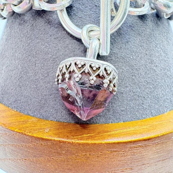 VTG Sterling Silver 925 Amethyst Round Link Bracelet Toggle Clasp Size 8" Length - Picture 5 of 12